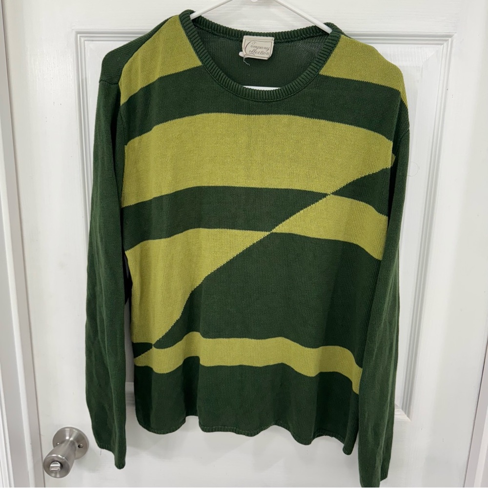 Vintage Company Collection Green and Lime Geometric Striped Crewneck Sweater‎